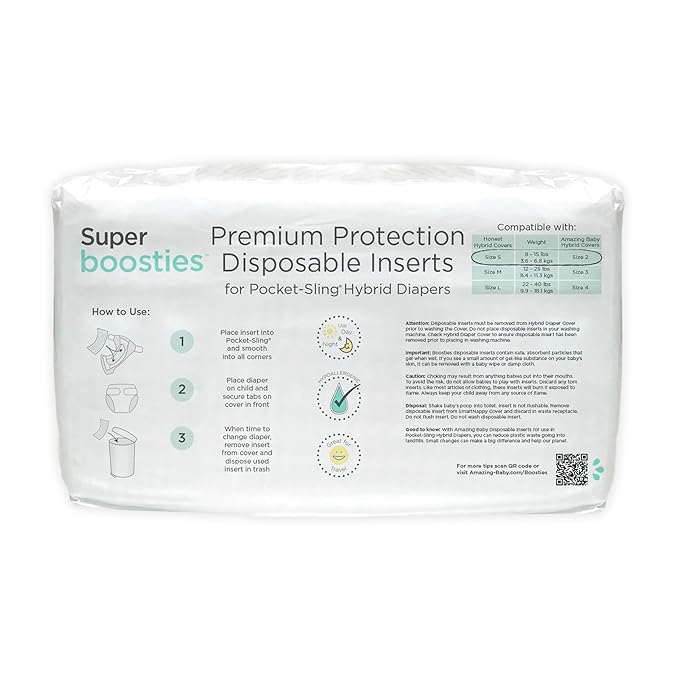 Overnight Diaper Leak Stopper, Super Boosties Disposable Inserts, Use with Pampers Sizes 2-6, Honest Hybrid Diaper Cover Sz Small, Amazing Baby Cover Sz 2, Pocket-Sling Compatible, 4.3x11 in, 32 count