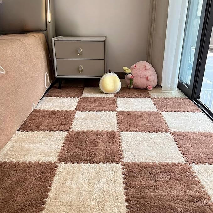 12pcs Carpet Squares Puzzle Floor Mat, Plush Interlocking Carpet Tiles, Anti Slip EVA Foam Jigsaw Floor Tiles, Build A Safe Area for Bedroom Playroom (Beige+Coffee)