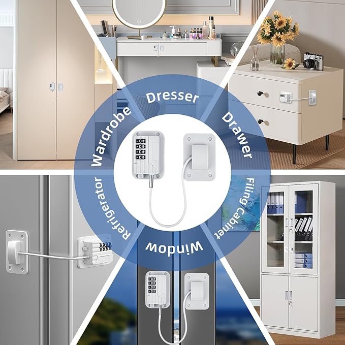 RORMGO Refrigerator Lock, Heavy Duty Fridge Locks for Kids, Freezer Lock with Combination for Refrigerator Drawer Cabinet Safety, Easy to Install No Keys Needed White