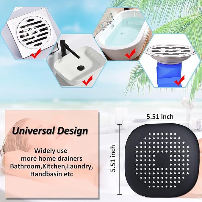 Hair Drain Catcher,Square Drain Cover for Shower Silicone Hair Stopper with Suction Cup,Easy to Install Suit for Bathroom,Bathtub,Kitchen 4 Pack (Jet Black)