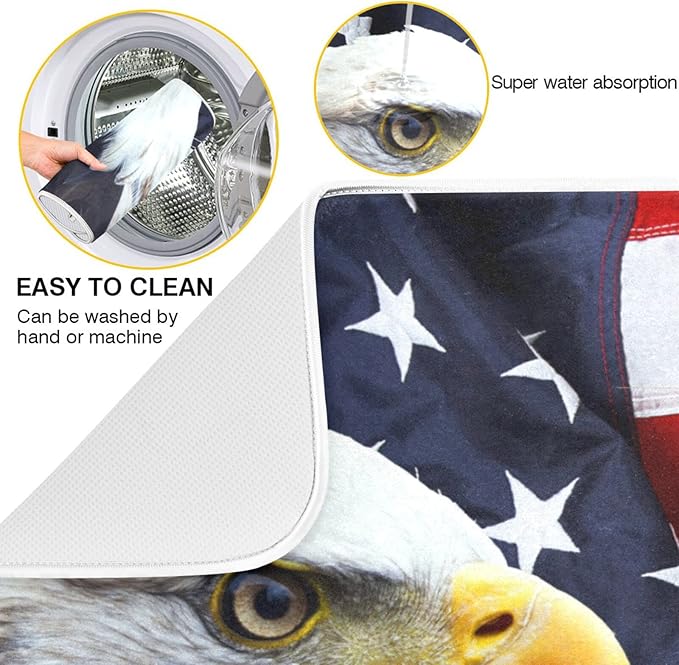 Absorbent Dish Drying Mat for Kitchen Counter - Flag Eagle American Microfiber Drying Pad, Reversible Drainer Mats for Countertop, Large 18" x 24"
