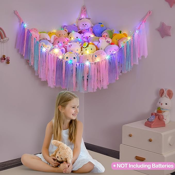 FIOBEE Stuffed Animals Net or Hammock with LED Light, Toy Hammock Hanging Stuffed Animals Storage Organizer Holder Room Décor for Nursery Kids Bedroom