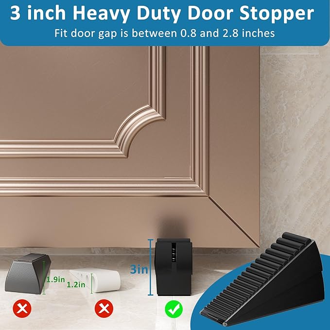 Heavy Duty Door Stopper, Adjustable Spring Large Stopper, 3 Inches High Tall Wedge Stoppers for Bottom of Door, Door Stop Suits Any Heavy Door, Black