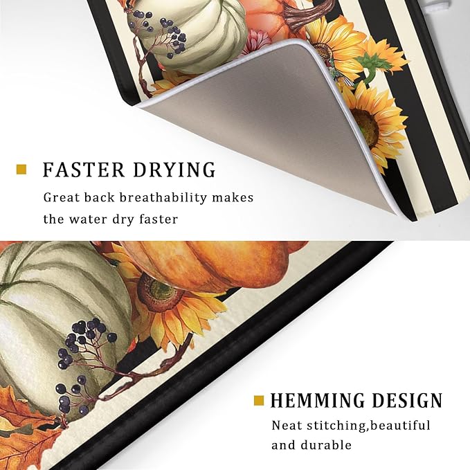 Sunflower Pumpkin Dish Drying Mat for Kitchen Counter,Black and White Stripe Drying Mat 18 x 24 Inch with Absorbent Reversible Microfiber Dish Drying Pad Dish Rack Drainer Mat for Coffee Bar