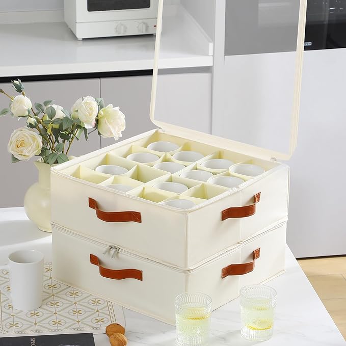 Foyego 2 Pack Coffee Mug Storage Box with Dividers, Stackable China Storage Containers with Lid, Zipper, and Handles for 32 Coffee Mugs and Cups, Mug Storage Organizer for Packing & Moving, Beige