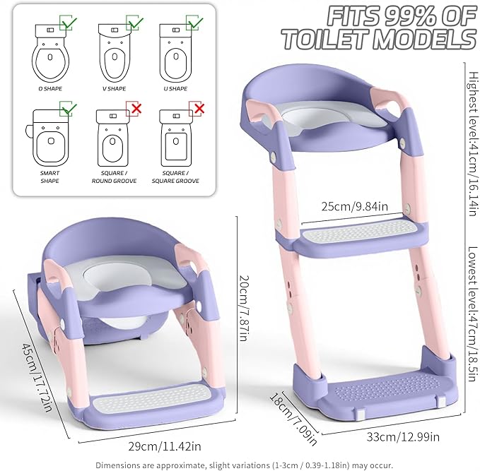 Snugzy Toddler Potty Training Seat 3-in-1 Foldable Potty Training Toilet with Step Stool Adjustable Potty Chair with Urinals (Pink Purple)