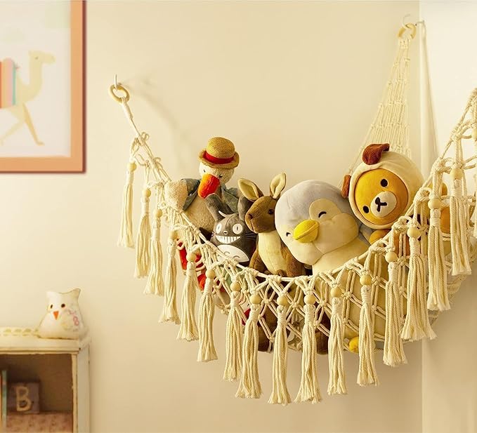 Stuffed Animal Toy Storage Hammock with LED Light - Macrame Jumbo Doll Corner Stuff Animals Organizer Decorations - Cute Hanging Plushie Net Kids Baby Nursery Bedroom Room Decor