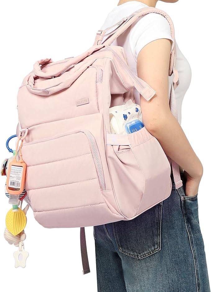BELALIFE Baby Diaper Backpack Bag, Baby Essentials Travel Backpack for Moms Dads, with Changing Pad, Insulated Bottle Holders & Stroller Straps, Pink