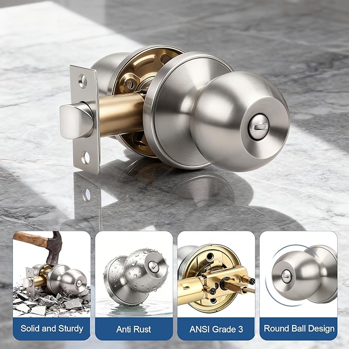Knobonly 6 Pack Privacy Door Knobs Satin Nickel, Keyless Door Knobs Interior for Bedroom and Bathroom, Round Door Handles Stainless Steel, Classic Design