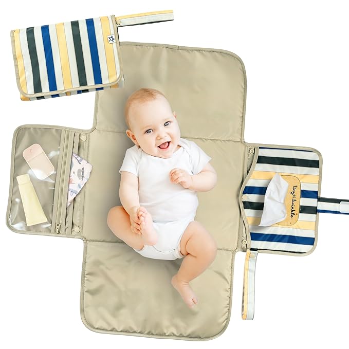 Tiny Twinkle Portable Diaper Changing Pad | Waterproof, Wipeable & Compact Baby Changing Pad for Travel | Smart Wipes Pocket & Organized Storage| Newborn Shower Gift (Retro Stripes)