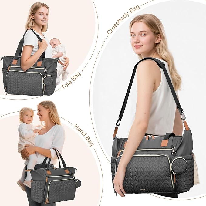 Tonyeee Diaper Bag Tote, Large Baby Diaper Bags Waterproof, Hospital Bag for Labor Delivery with Pacifier Case, Changing Pad, Shoulder Strap, Dark Gray