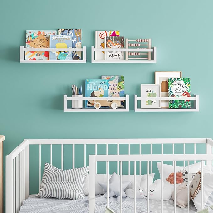 Fixwal Nursery Book Shelves, 16.5 Inch Floating Bookshelves for Nursery & Playroom Decor, Set of 4, Solid Wood Wall Mounted Shelves for Books and Toys Storage (White)