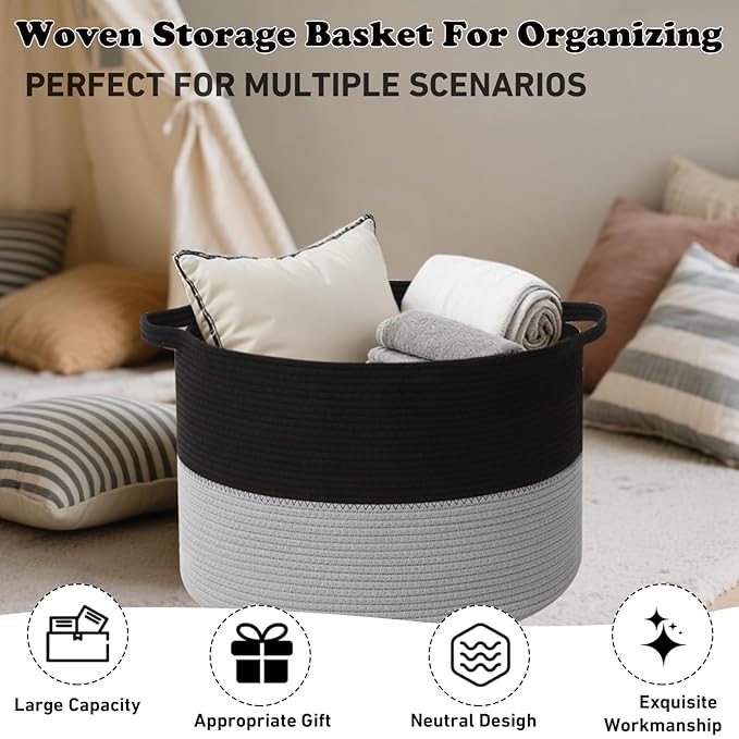 Large Storage Basket with Handle,19.7"x 19.7"x 13" Blanket Basket Storage Bins for Organizing,65L Cotton Rope Woven Baskets for Living Room, Nursery,Bedroom,Black&Light Grey