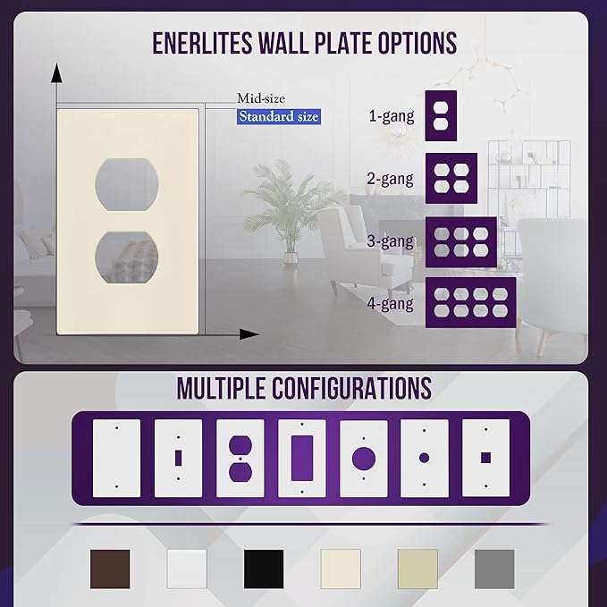 ENERLITES Screwless Duplex Wall Plate, Child Safe Receptacle Outlet Cover, Standard Size, 1-Gang 4.68" x 2.93", Unbreakable Polycarbonate Thermoplastic, UL Listed, SI8821-LA, Glossy, Light Almond