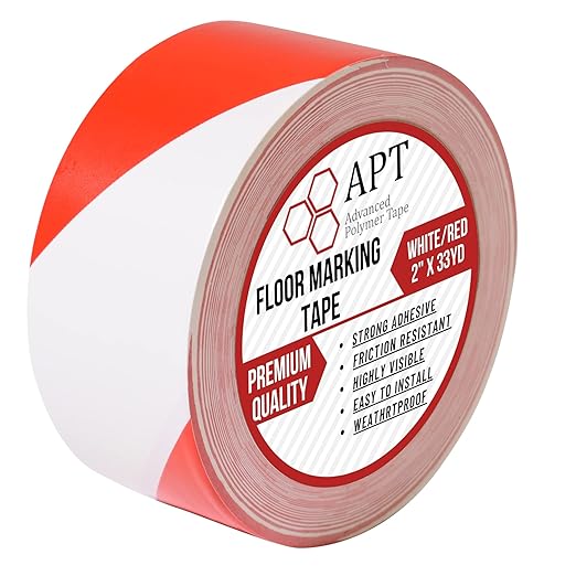 APT Premium Red and White Striped Vinyl Floor Safety Marking Tape, Excellent for Hazard Caution& Warning, Social Distancing, Warehouse & Gym Floor (2 Inch x 108 ft)