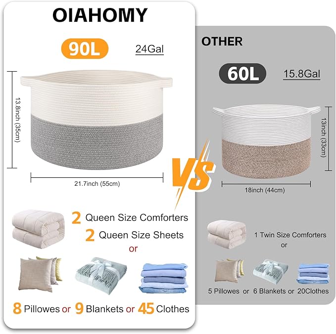 OIAHOMY 90L XXXLarge Blanket Basket for Living Room, 21.7" x 13.8" Woven Cotton Rope Laundry Basket for Organizing Pillows, Decorative Stuffed Animal Toy Storage for Nursery, White and Light Grey