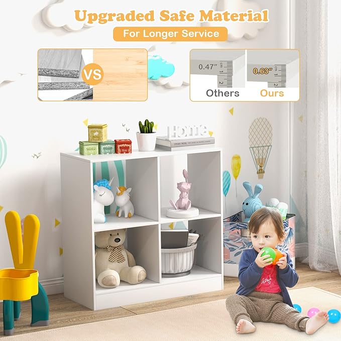Costzon Toy Organizers and Storage, Wooden White 4-Cube Kids Bookcase for Books Toys Display Organization, Toddler Bookshelf for Bedroom, Living Room, Nursery, Playroom