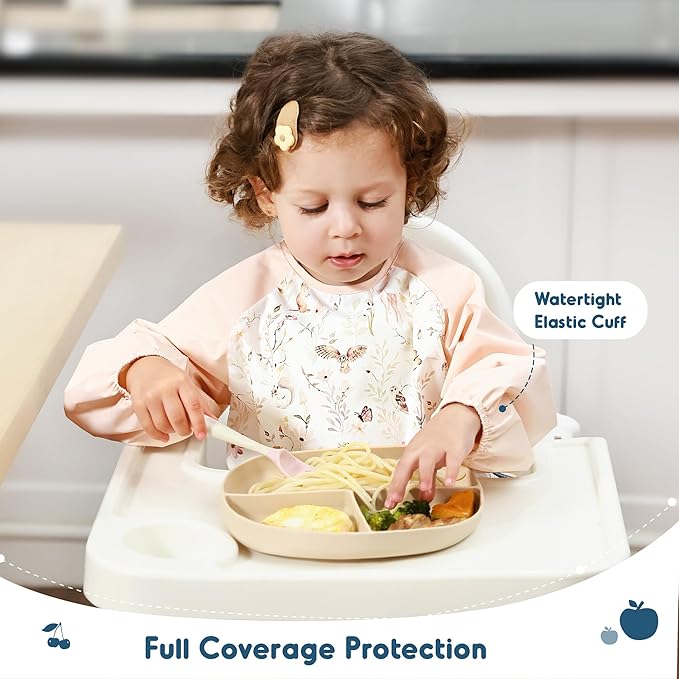 GRSSDER 2 Pack Long Sleeve Baby Feeding Bibs, Super Soft Lightweight Waterproof Coverall Baby Led Weaning Bib with Large Food Catcher Pocket, Adjustable and Easy Clean for 6-30 Months