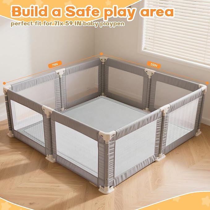 Baby Play Mat for Floor,1.3" Thick Elasti-Foam Playpen Mat for Tummy Time, Easy Care with Non-Slip Cushioned for Infant,Kids and Toddler Crawling