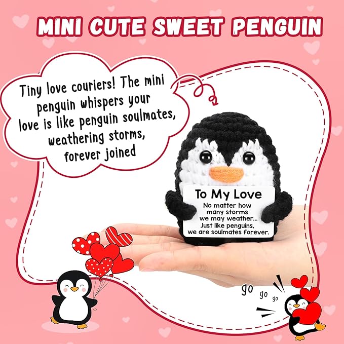 CryCarrot Gifts for Him Her Boyfriend Girlfriend, to My Love Handmade Crochet Mini Penguin Anniversary Birthday Gifts for Women Men, Romantic Valentines I Love You for Wife Husband Couples