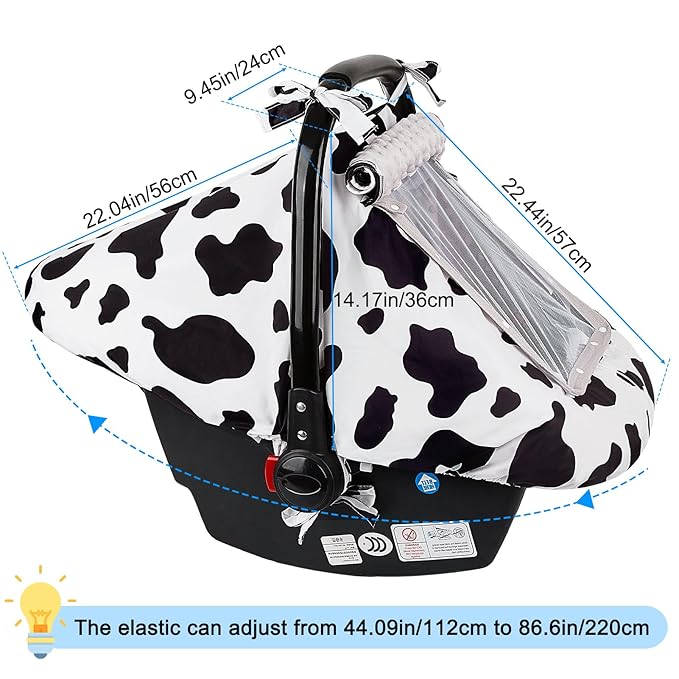 FIOBEE Baby Car Seat Cover, Car Seat Covers for Babies Infant Car Seat Canopy with Breathable Mesh Window Waterproof Carseat Cover for Babies Boy Girl 4 Seasons, White/Cow