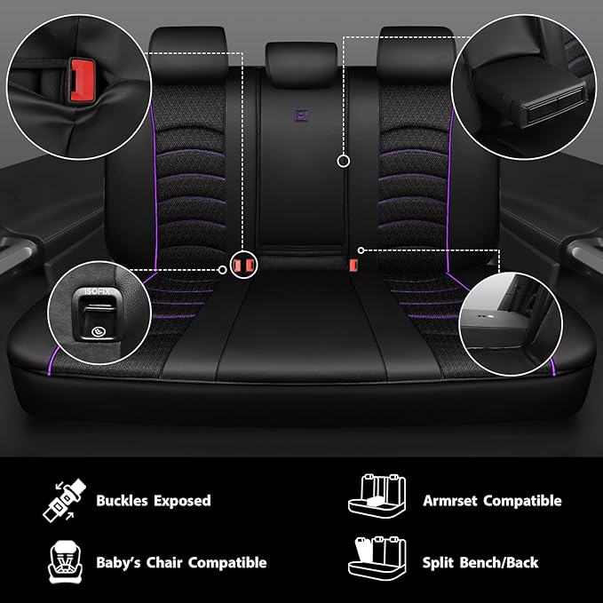 CAR PASS Comfortable 3D Foam Mesh Leather Car Seat Covers Full Sets, Air Cool Mesh Breathable Seat Covers for Car, Universal 5 Seats Fit for SUV Truck Sedan Automotive, Airbag Compatible,Black Purple