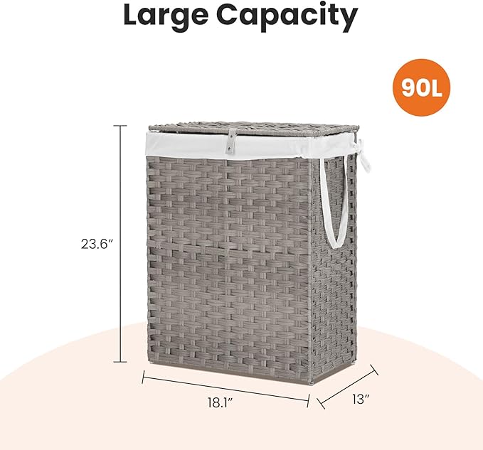 DUMOS Woven Laundry Basket with Lid, 90L Large Capacity Hamper, Removable & Machine-Washable Liner, Foldable Rattan Clothes Hamper, Sturdy Steel Frame, Odor Control, Dove Gray