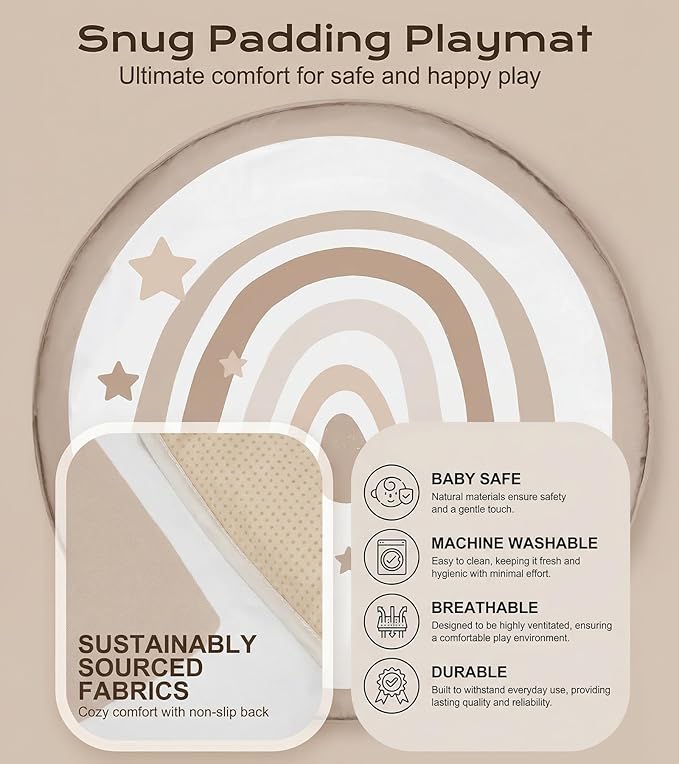 Little Dove Baby Play Gym Mat, Tummy Time Activity Mat with 7 Detachable Toys and 12 Milestone Cards for Stage-Based Sensory and Motor Skill Development, Washable Play Mats for Infant, Brown