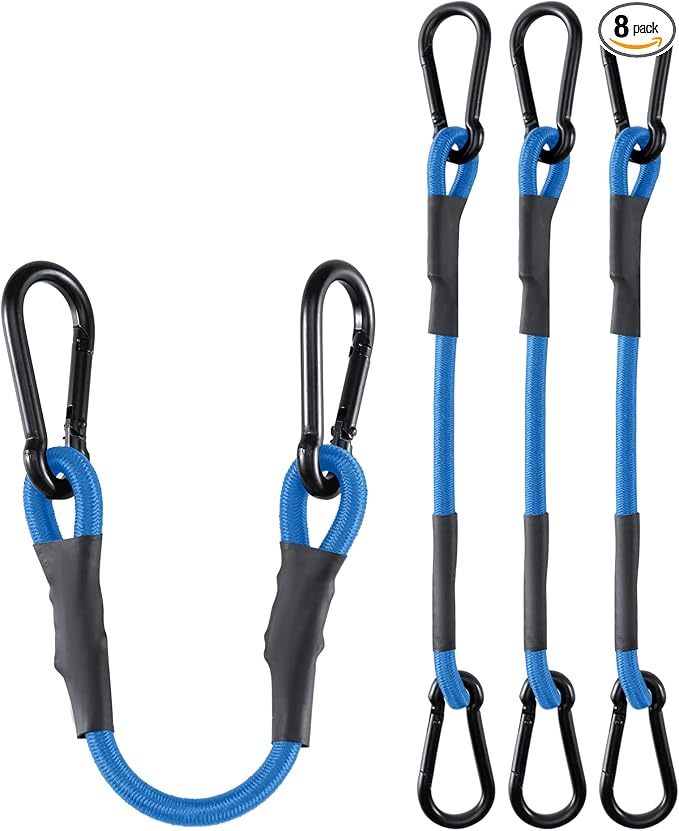 8 Pack 48 Inch Heavy Duty Bungee Cords with Carabiner Hooks, 190 lbs Max Strength Bungee Straps for Cargo, Bike, Cart, Roof Rack, Truck, Tent, Camping, Motorcycle, Outdoor Storage and More, Blue