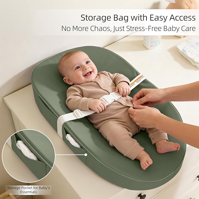 Baby Changing Pad, Waterproof Vegan Leather Wipeable Diaper Changing Pad with Safety Strap Non-Slip Changing Mat for Dresser & Table