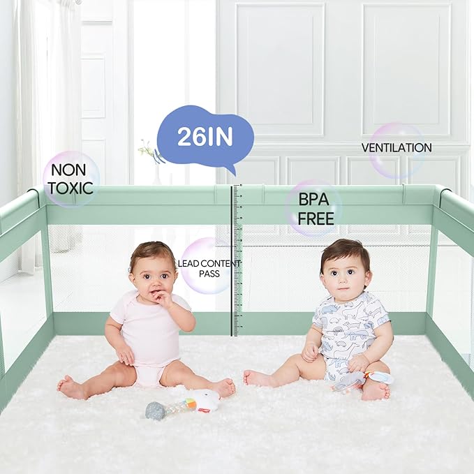 Fodoss Playpen for Babies and Toddlers - 47x47in Baby Playpen, Green Play Pen with Hand Pulling Ring, All-Side Mesh Play Pen for Kids,Baby Fence, Playards