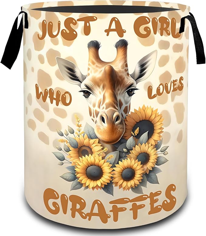 VODRM Giraffe Sunflower Laundry Basket, Dirty Collapsible Clothes Toy Organizer Hamper for Kids Adults, Oxford Cloth Waterproof Storage Bin for Bedroom Bathroom Home Decor Gifts, 19.7"X15.7"