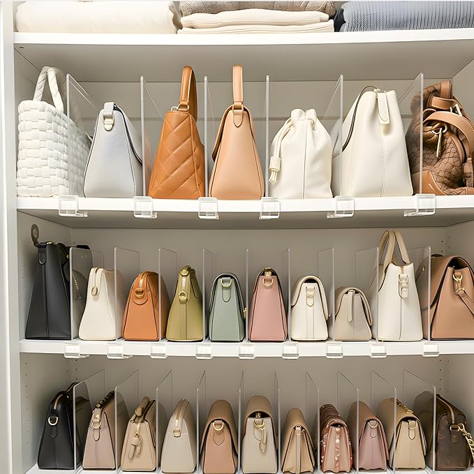 Purse Organizer for Closet Shelf Dividers: 11-inch Tall (Higher Version) Adjustable Clear Acrylic Bag Storage Organizer for Handbags, Sweaters, Towels, Jeans and Shoes on Wood Shelves 4-Pack