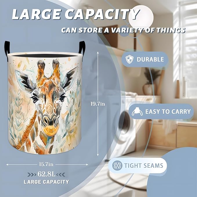 Watercolor Giraffe with Leaves Laundry Basket with Handles, 19.7"x15.7" Clothes Foldable Laundry Hamper Organizer for Dorm Nursery Bedroom Bathroom Decor, Toy Storage Bin for Kids