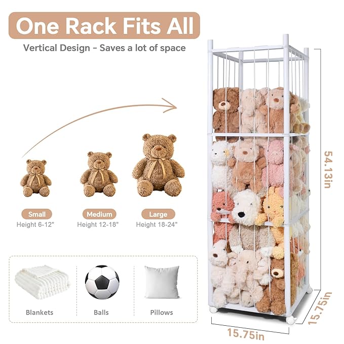 BENCHRY Stuffed Animal Storage Kids, Wood Stuffed Animal Zoo Storage with Brake Wheels, Stuffed Animal Organizer with Elastic Cords for Kids, Perfect for Nursery Playroom Kidroom Bedroom - White