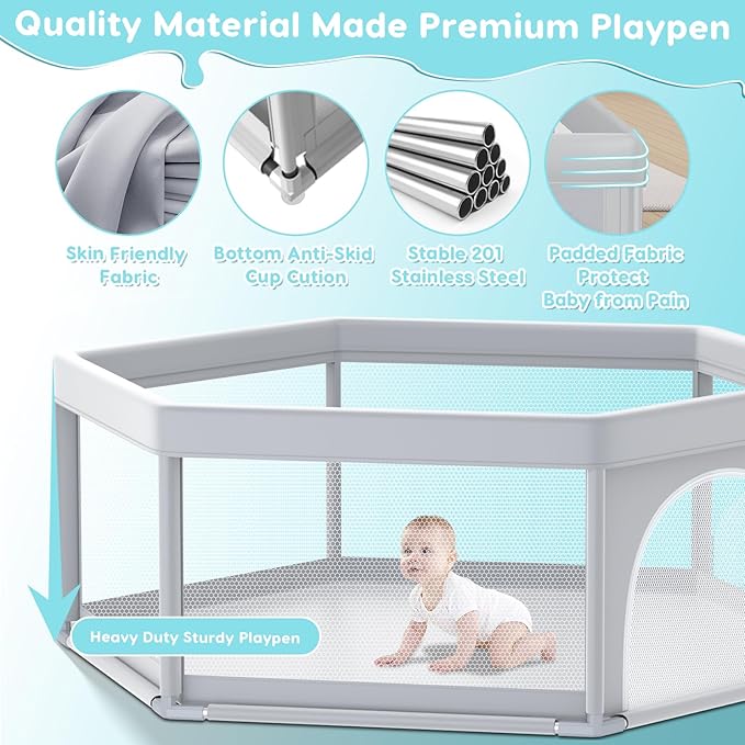 Fshibila 65" ×65" Hexagonal Baby Playpen, Baby Playard for Babies and Toddlers, BabyFence Play Pens for Indoor & Outdoor, Sturdy Safety Play Yard with Soft Breathable Mesh, Anti-Fall, Grey