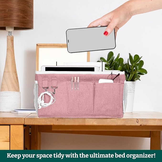 Bedside Caddy Organizer Hanging Storage Bag with Pockets for Books, Magazines, Phone, Tablet & Water Bottle – Bedside Storage for Dorm, Bunk Beds, Hospital Beds & Cribs, Pink