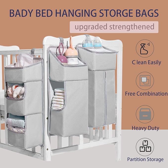 Hanging Diaper Caddy Organizer for Baby Crib - 3-in-1 Diaper Stacker for Changing Table Nursery Organization Storage Holder for Baby Essentials Attachment Portable Combining (Light grey)