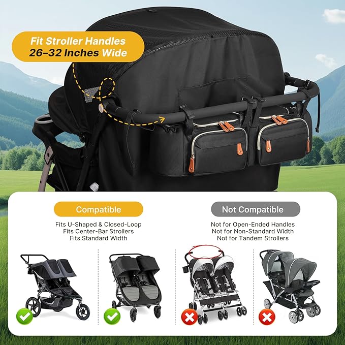 Double Stroller Organizer for Bob Duallie and Baby Jogger City Mini GT2, Double Stroller Caddy Organizers with Cup Holder and 2 Cooler Pockets Parent Console Double Stroller Accessories