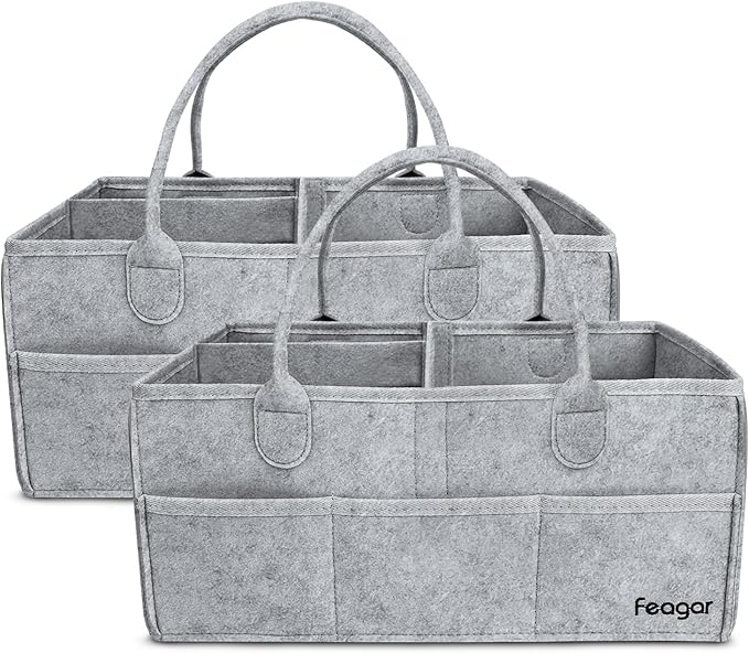 Feagar Baby Diaper Caddy Organizer, 15 Inch Large 2 Pack Set with 8 Pockets & 2 Dividers, Portable Nursery Storage Basket & Car Organizer for Changing Table, Travel (Grey)