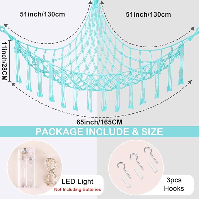 Basumee Stuffed Animals Net or Hammock with LED Light, Hanging Stuffed Animals Storage Toy Hammock Net Corner Wall Girls Room Decor Toy Storage Organizer, Light Aqua Green, XL