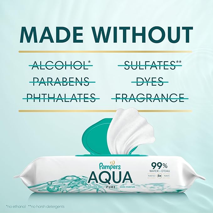 Pampers Aqua Pure Baby Wipes, 99% Water, Fragrance Free, Unscented, Water Based, Multi-Use, 336 Wipes Total (6X Flip-Top Packs) [Packaging May Vary]