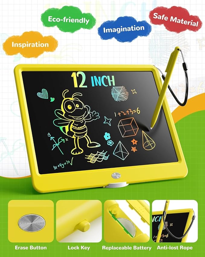 TEKFUN LCD Writing Tablet Doodle Board, 12inch Colorful Drawing Tablet Writing Pad, Kids Travel Essentials, Kid Toys for 3 4 5 6 7 8 Year Old Girls Boys (Yellow)