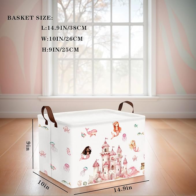 ASKETAM Cute Rectangle Baby Girl Gift Basket Toy Storage Bin Nursery Playroom Bedroom Decor (Pink Castle)