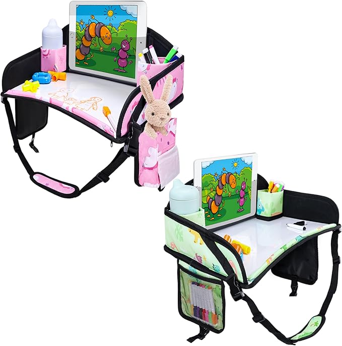Kids Travel Tray for Toddler Car Seat, Road Trip Activities for Kids with iPad Holder Stand & Dry Erase Board, Road Trip Essentials Accessories Lap Tray as Travel Gifts for Kid, 2PC