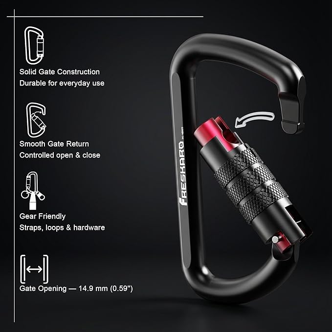 FresKaro 3inch 12kN-2698lbs Auto Locking Carabiner Clips, Solid D Shape, Heavy Duty 7075 Aluminum, Lightweight 1.09oz, Rust Proof, for Hammock, Hiking, Dog Leash, Keychain etc., Multi-Colors