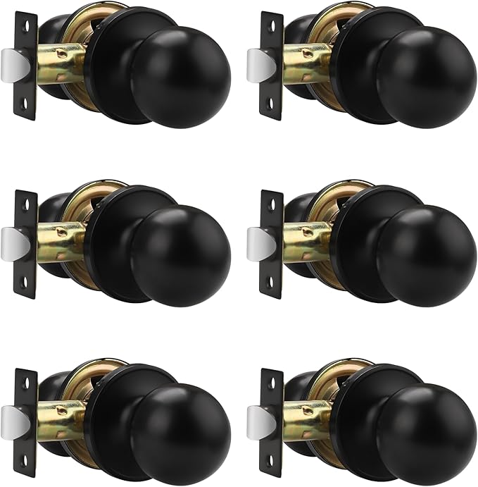 Knobonly 6 Pack Keyless Indoor Door Knob, Matte Black Passage Door Knobs, Interior Door Knobs, Stainless Steel