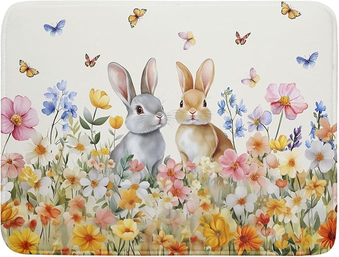 Spring Easter Rabbit Dish Drying Mat for Kitchen Counter,Colorful Flowers Butterflies Drying Mat 18 x 24 Inch with High Absorbent Microfiber Drainer Mat for Coffee Bar