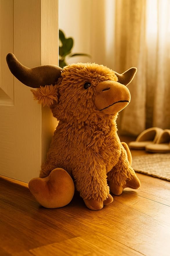 Highland Cow Door Stopper – Cute Weighted Animal Doorstop with Soft Faux Fur – Rustic Farmhouse Home Décor for Living Room, Bedroom, Nursery or Hallway (Extra Heavy (3 lbs))