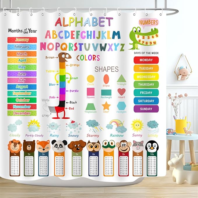ABC Educational Shower Curtain Kids Learning Tool Funny Cartoon Animals Colors Shapes Weathers Multiplication Table Girls Boys Colorful Decor Waterproof Fabric 72Lx72W Inch with Hooks
